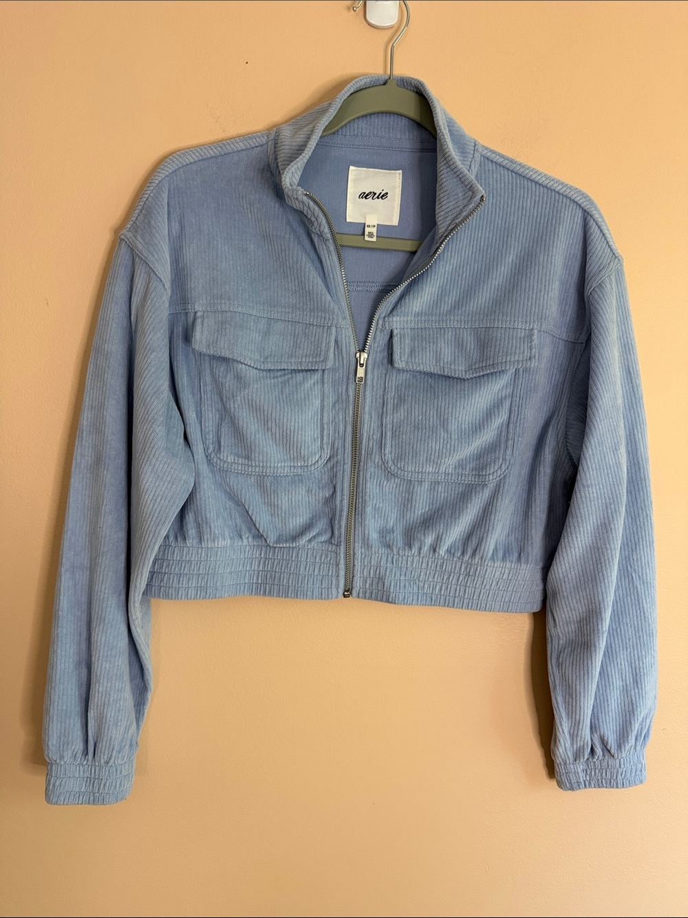 aerie Powder Blue Corduroy Cropped Zip Utility Jacket